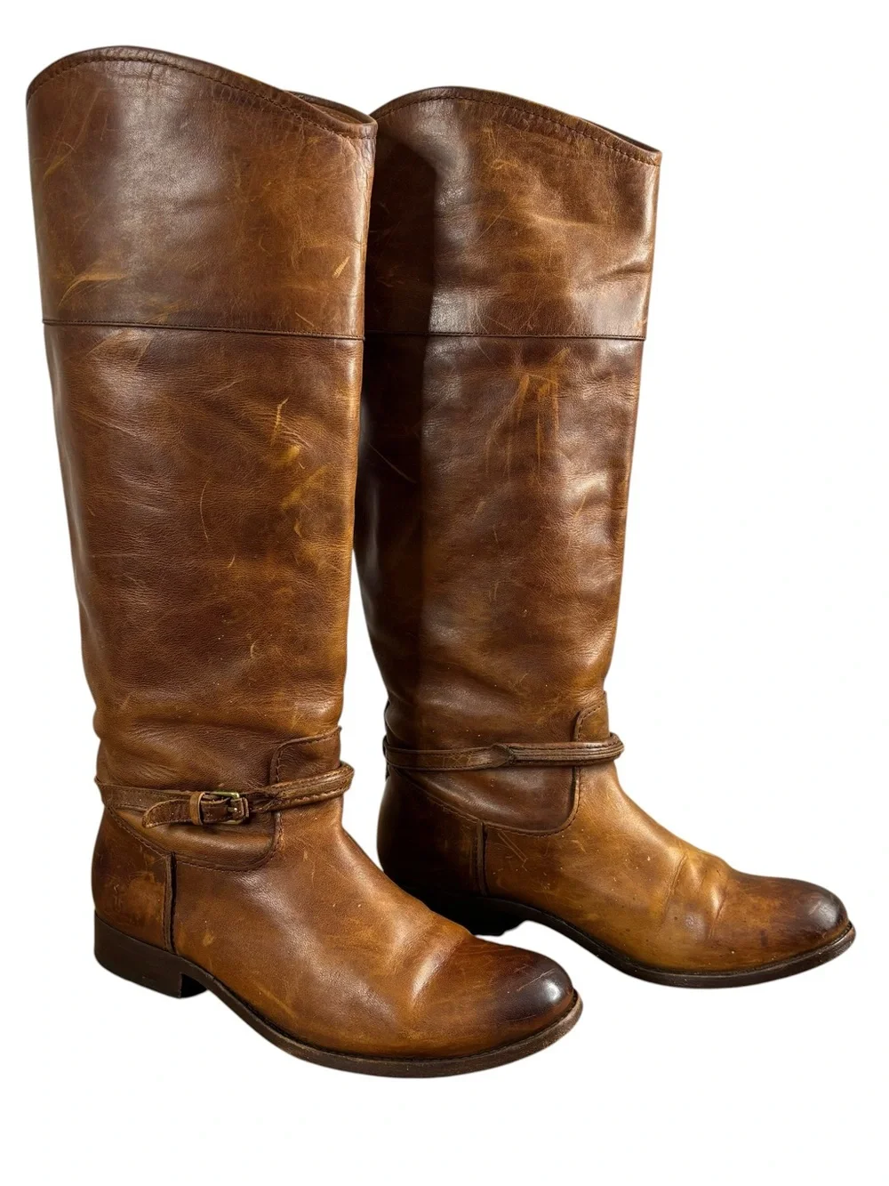 Frye Knee High Pull On Boots Brown Distressed Leather Woman’s Size 7 B